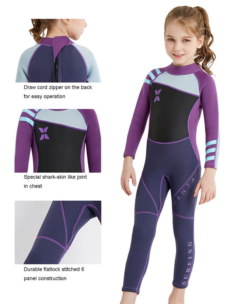 DIVE & SAIL Kids Wetsuit Long Sleeve One Piece Swimsuit UPF 50+ Sun Protection Warm Stretchy Swimwear Sunsuit Purple M - Image 3